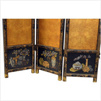 4-Panel Black Lacquered Screen with Gilt Painted Bamboo and Chinese Calligraphic Inscriptions