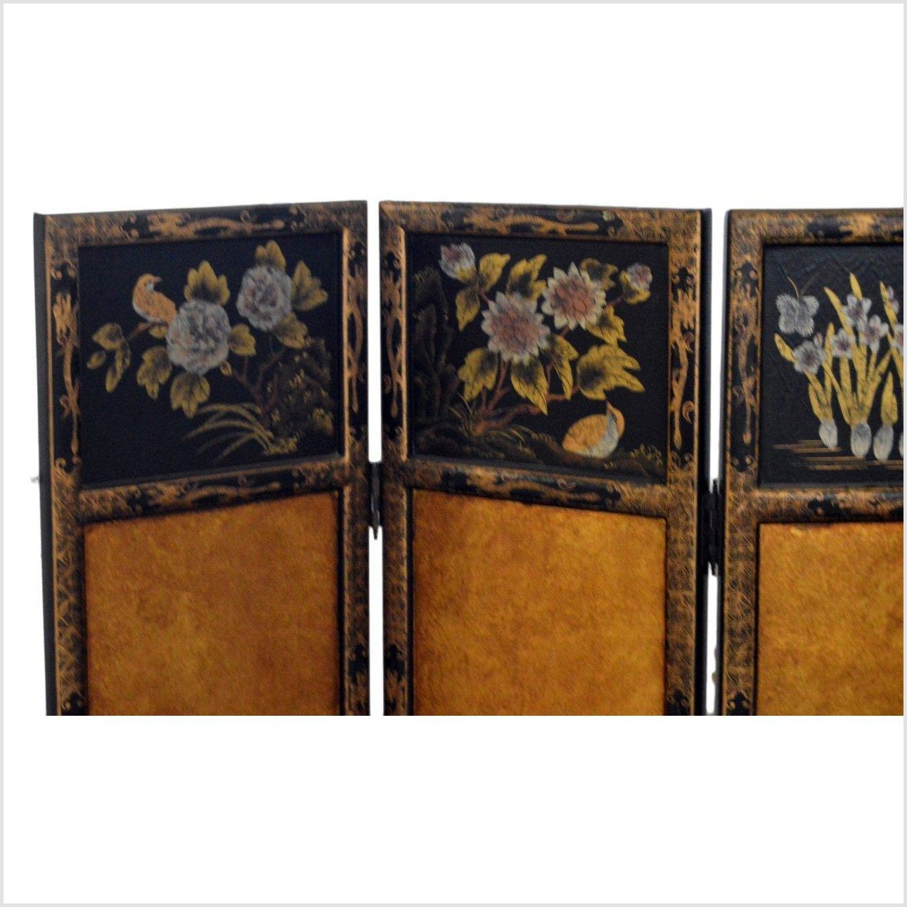 3-Panel Black Lacquered Screen with Gilt Painted Bamboo and Chinese Calligraphic Inscriptions-2. Asian & Chinese Furniture, Art, Antiques, Vintage Home Décor for sale at FEA Home
