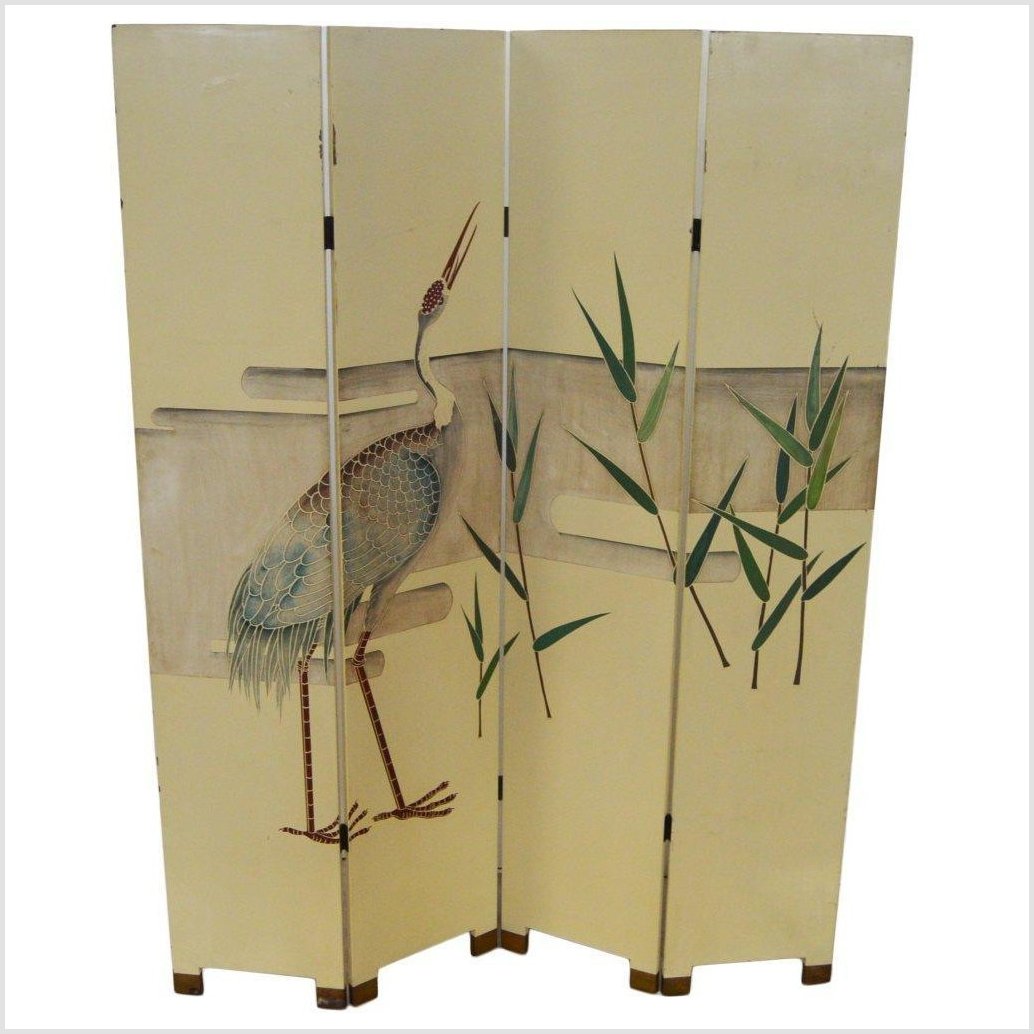 4-Panel Screen Designed with Cranes and Tropical Plants- Asian Antiques, Vintage Home Decor & Chinese Furniture - FEA Home