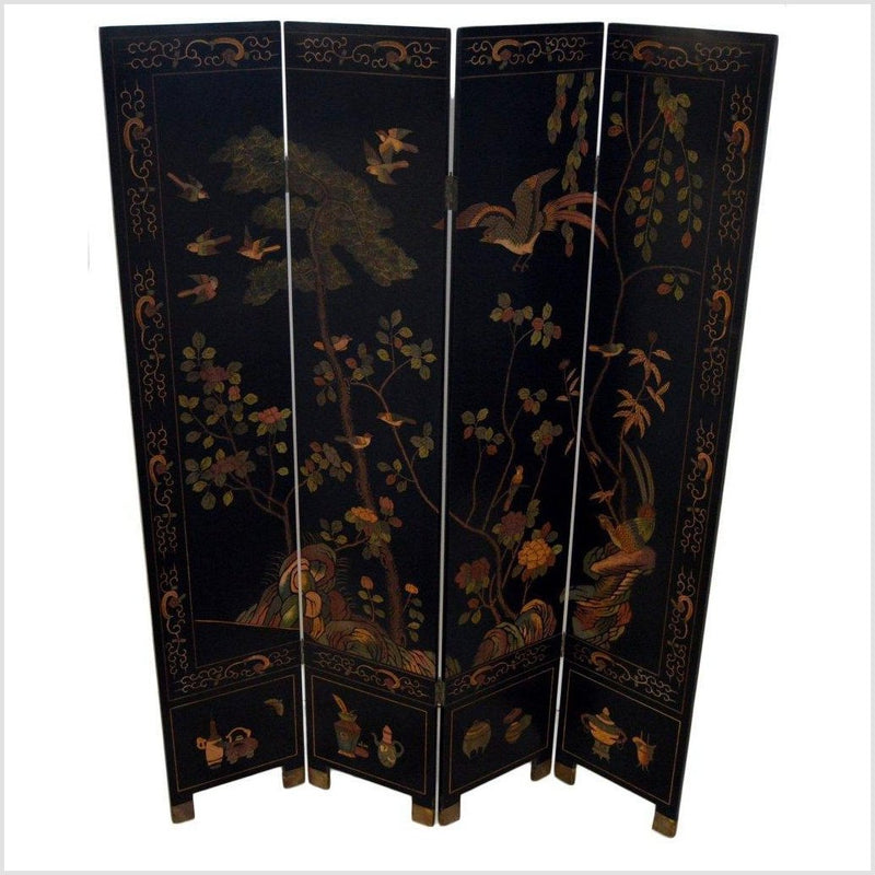 4-Panel Black Lacquered Screen with Chinoiserie- Asian Antiques, Vintage Home Decor & Chinese Furniture - FEA Home
