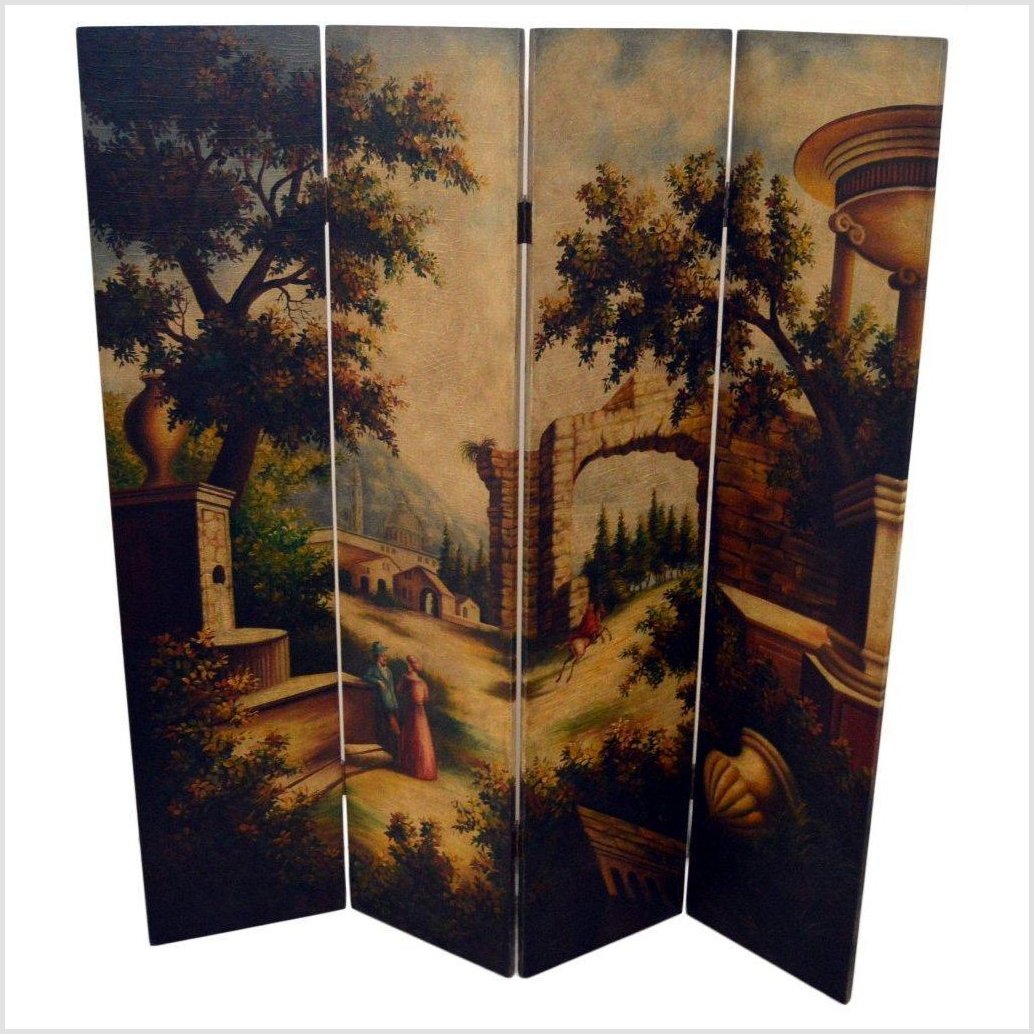 4-Panel Screen Painted with a European Village Scene-1. Asian & Chinese Furniture, Art, Antiques, Vintage Home Décor for sale at FEA Home