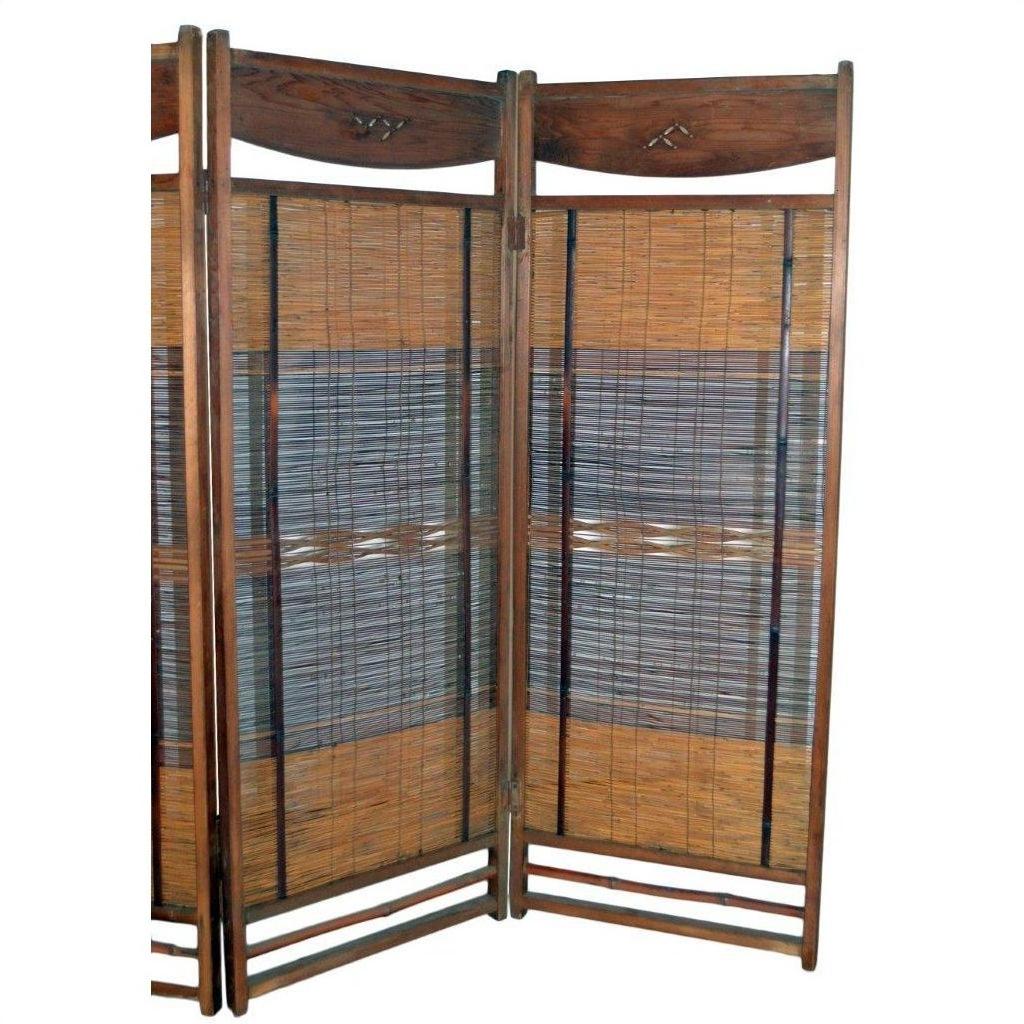 Brown wood and bamboo three-panel screen with carved top and vertical bamboo slats, front view.