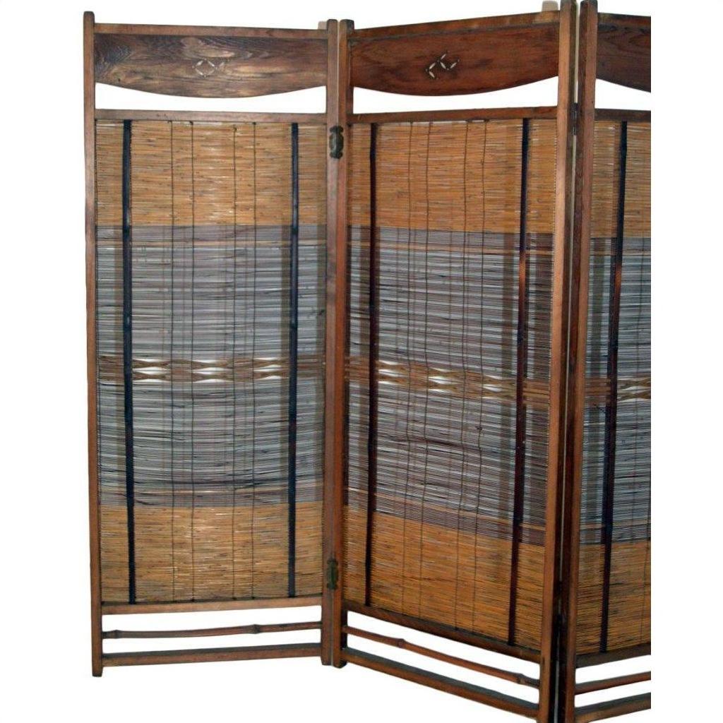 Three-panel wooden and woven bamboo screen, partially open against a white background.