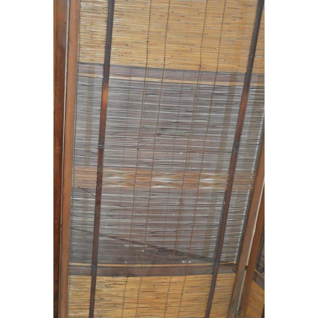 Close-up of light wood window blind with thin horizontal slats and vertical supports, modern design.