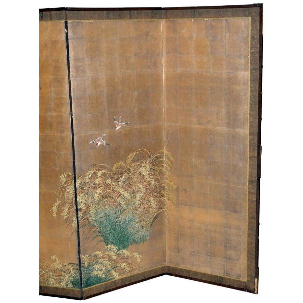 Gold Japanese folding screen with painted grasses and two birds, AS IS condition.