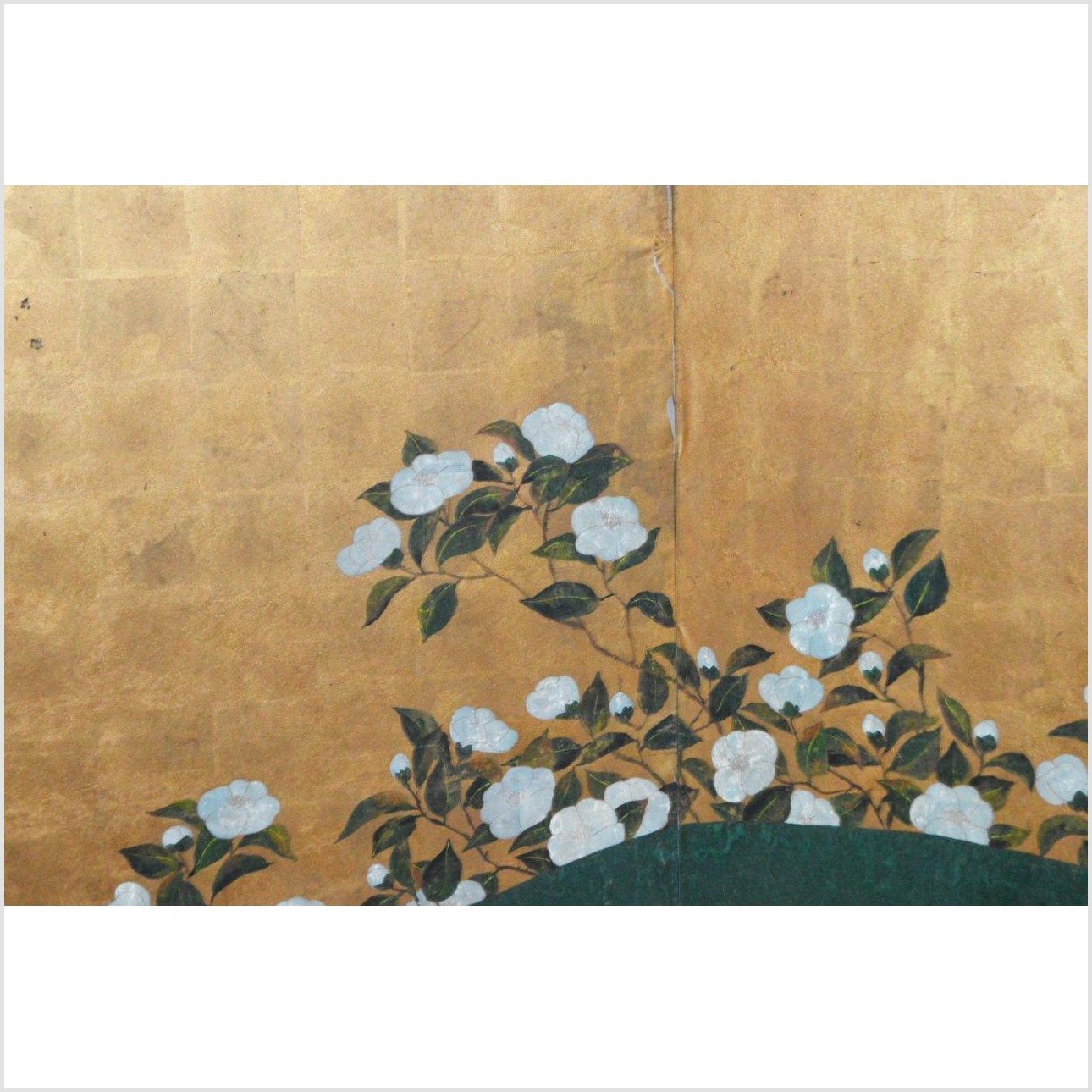 Wide Panel Gold Screen and White Cotton Roses-2. Asian & Chinese Furniture, Art, Antiques, Vintage Home Décor for sale at FEA Home