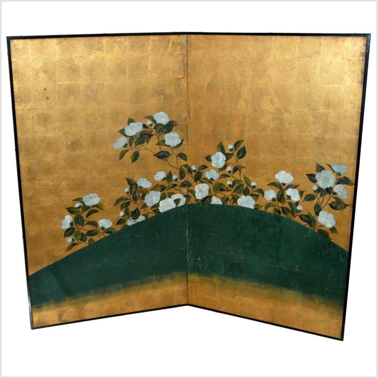 Wide Panel Gold Screen and White Cotton Roses-1. Asian & Chinese Furniture, Art, Antiques, Vintage Home Décor for sale at FEA Home