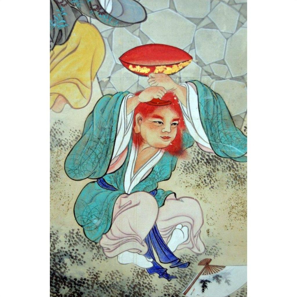 Blue-green robes figure holding red object in front of vintage Japanese 2-panel screen with fictional characters.