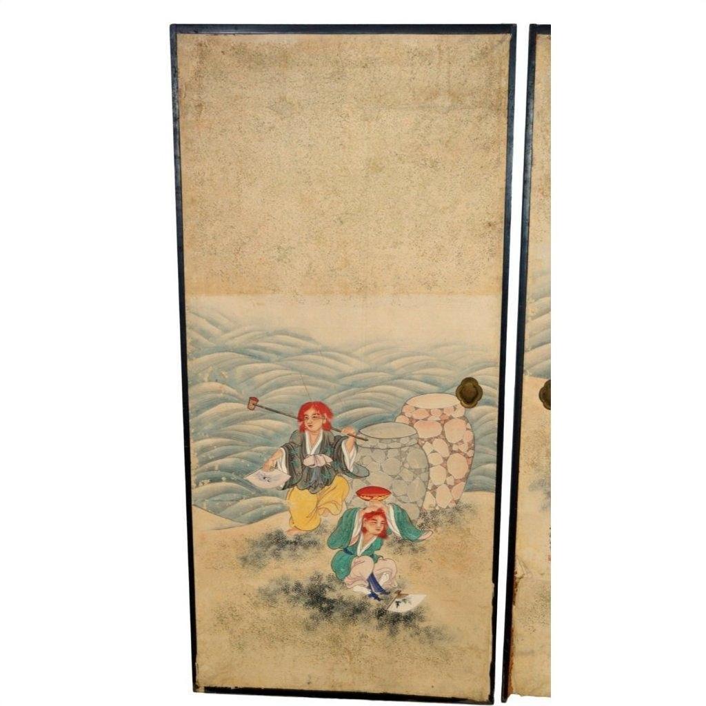 Vintage Japanese 2-panel screen, painted, showing fictional figures in traditional clothing by water with fishing rod and jar.