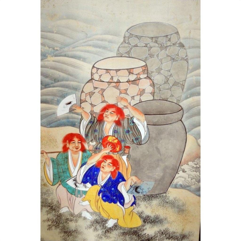 Red-haired figurines by stone jars in front of a vintage Japanese 2-panel screen with fictional characters, outdoor setting.