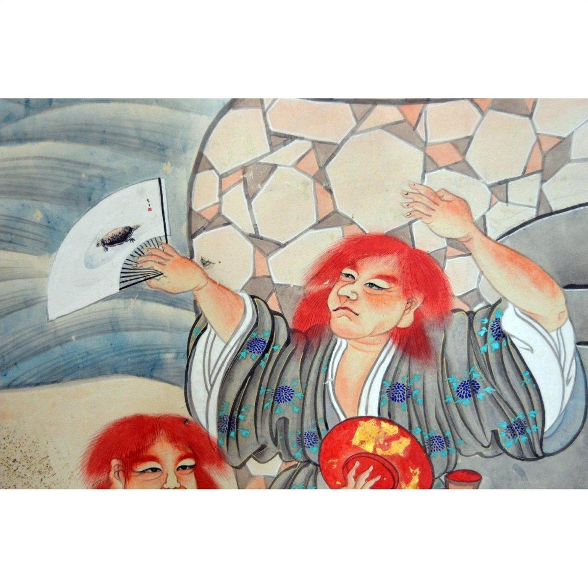 Patterned robe and fan near vintage Japanese two-panel screen with fictional characters, indoor setting.
