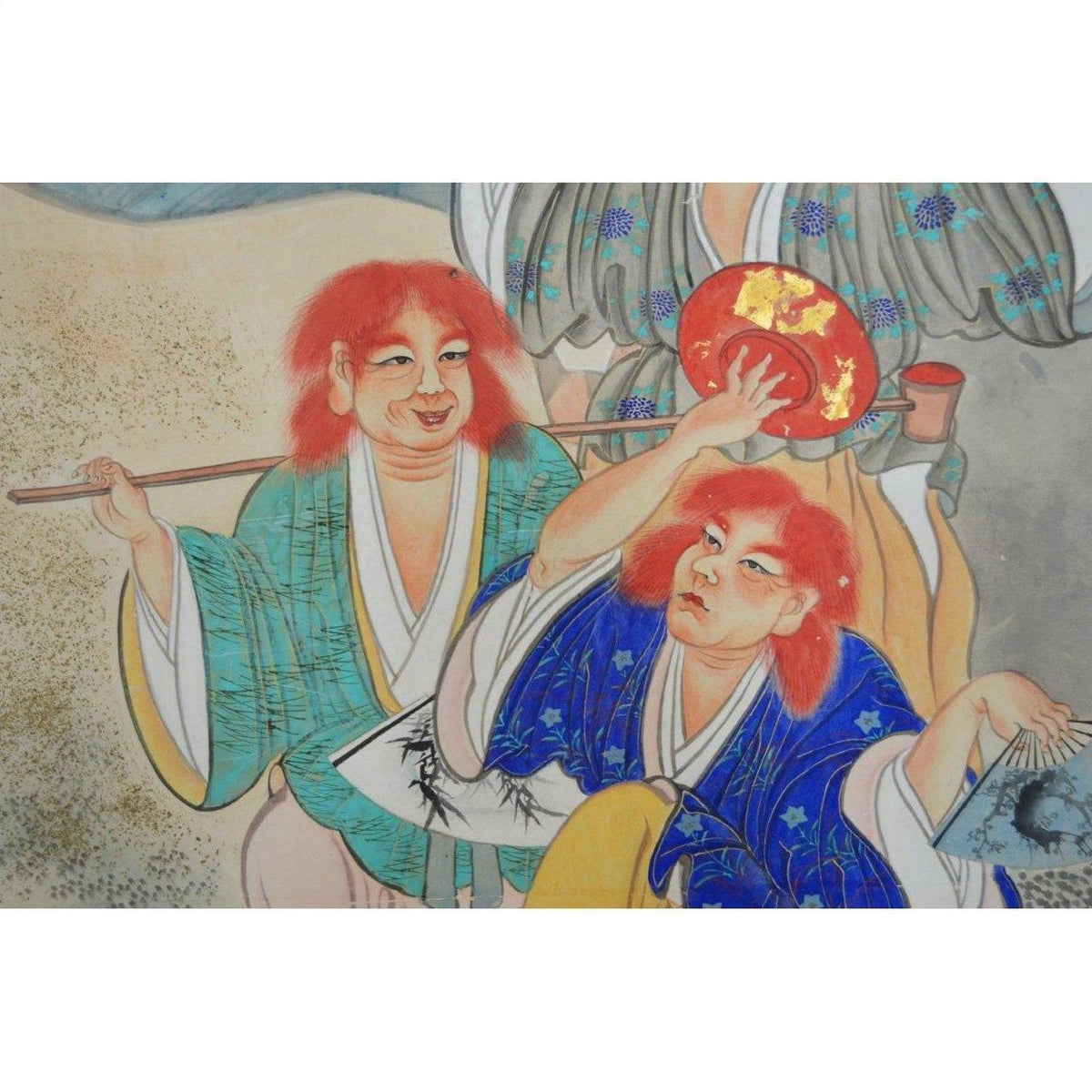 Two figures in colorful Japanese robes with vintage painted 2-panel Japanese screen showing expressive fictional characters.