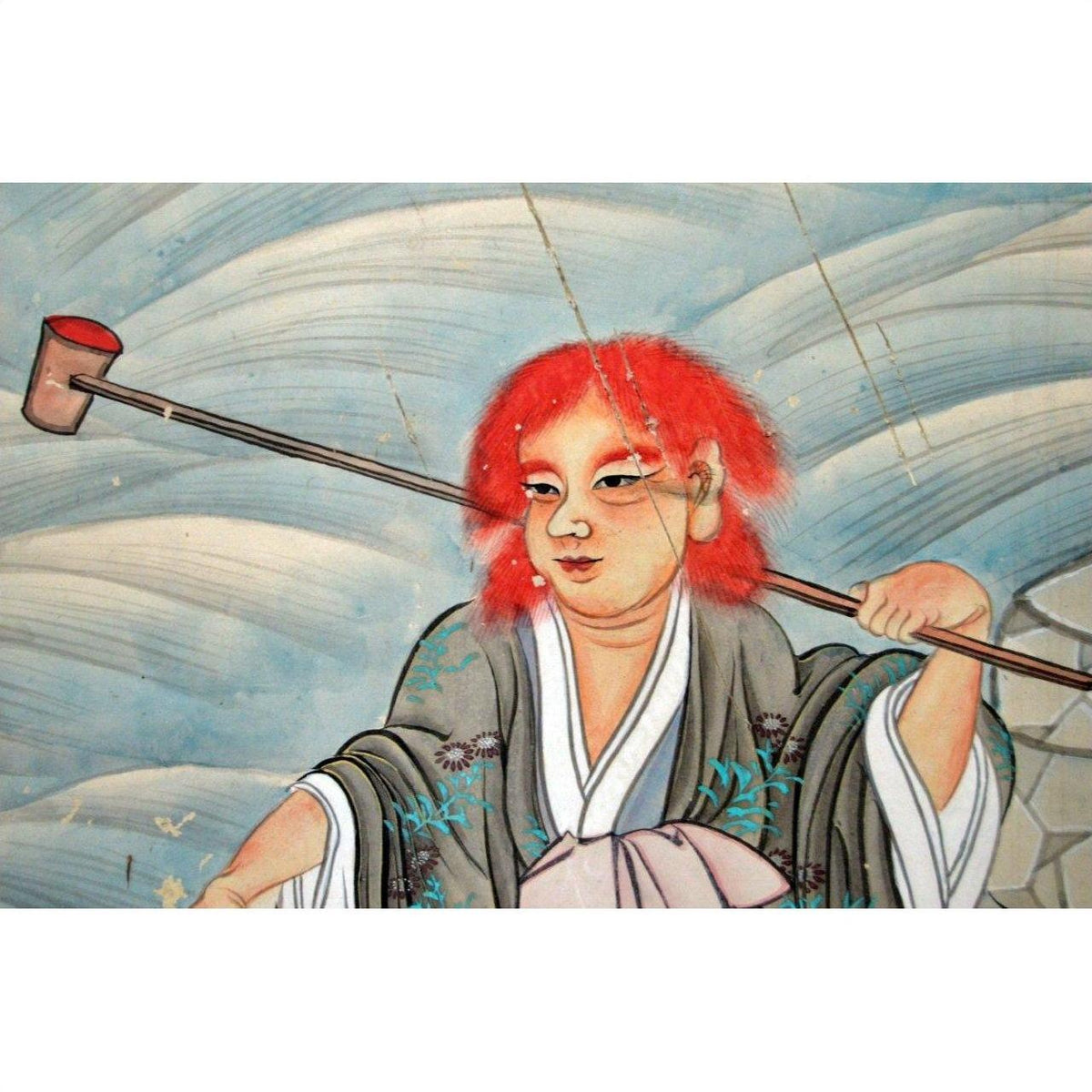 Red and gold Japanese 2-panel screen with painted character in red hair, traditional attire, holding a pipe.