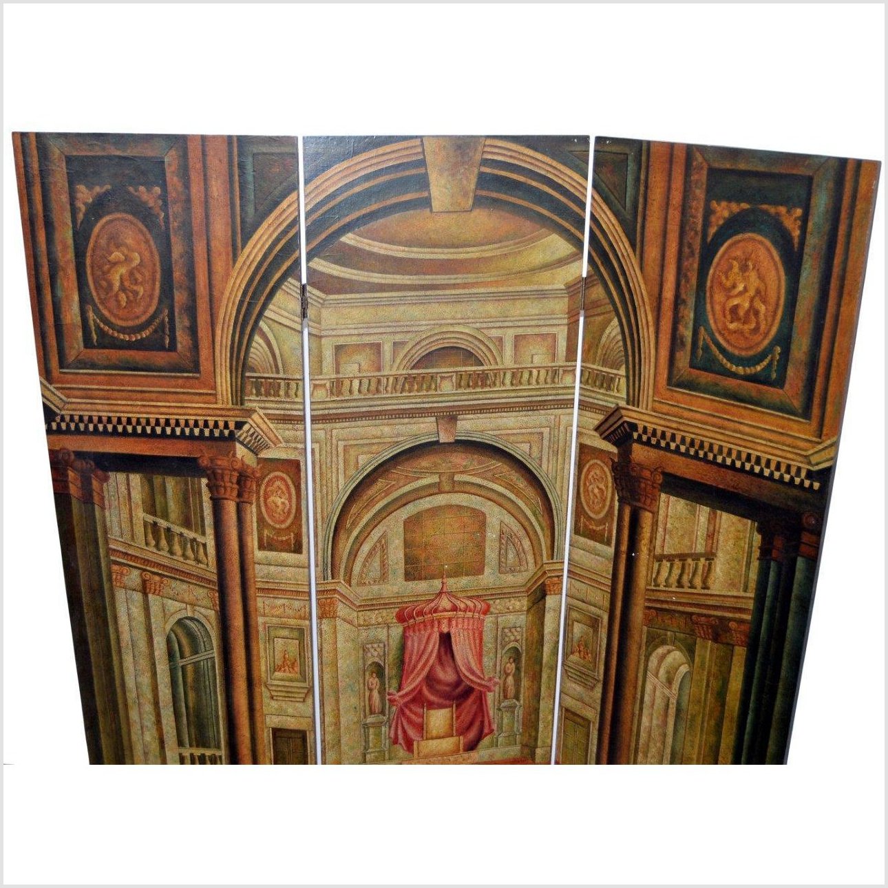 3-Panel Screen Painted with Palace Throne Area Scene-5. Asian &amp; Chinese Furniture, Art, Antiques, Vintage Home Décor for sale at FEA Home