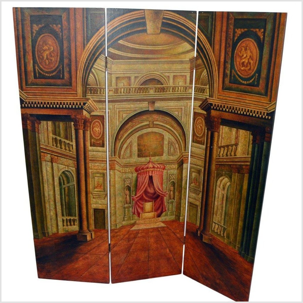 3-Panel Screen Painted with Palace Throne Area Scene-1. Asian & Chinese Furniture, Art, Antiques, Vintage Home Décor for sale at FEA Home