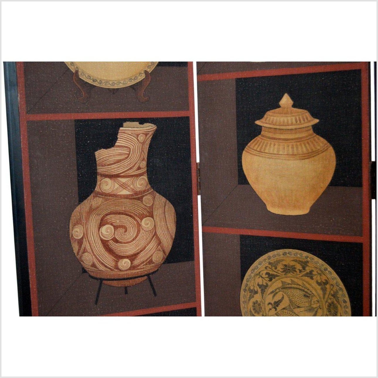 4-Panel Screen with Pottery and Plates Design-9. Asian &amp; Chinese Furniture, Art, Antiques, Vintage Home Décor for sale at FEA Home
