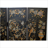4-Panel Black Screen with Birds and Floral Designs and Rivets