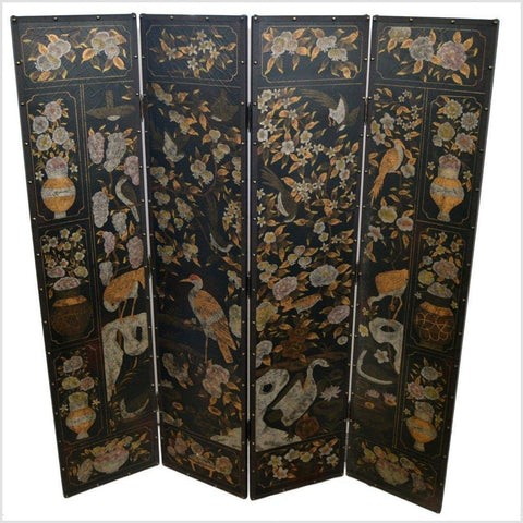4-Panel Black Screen with Birds and Floral Designs and Rivets- Asian Antiques, Vintage Home Decor & Chinese Furniture - FEA Home