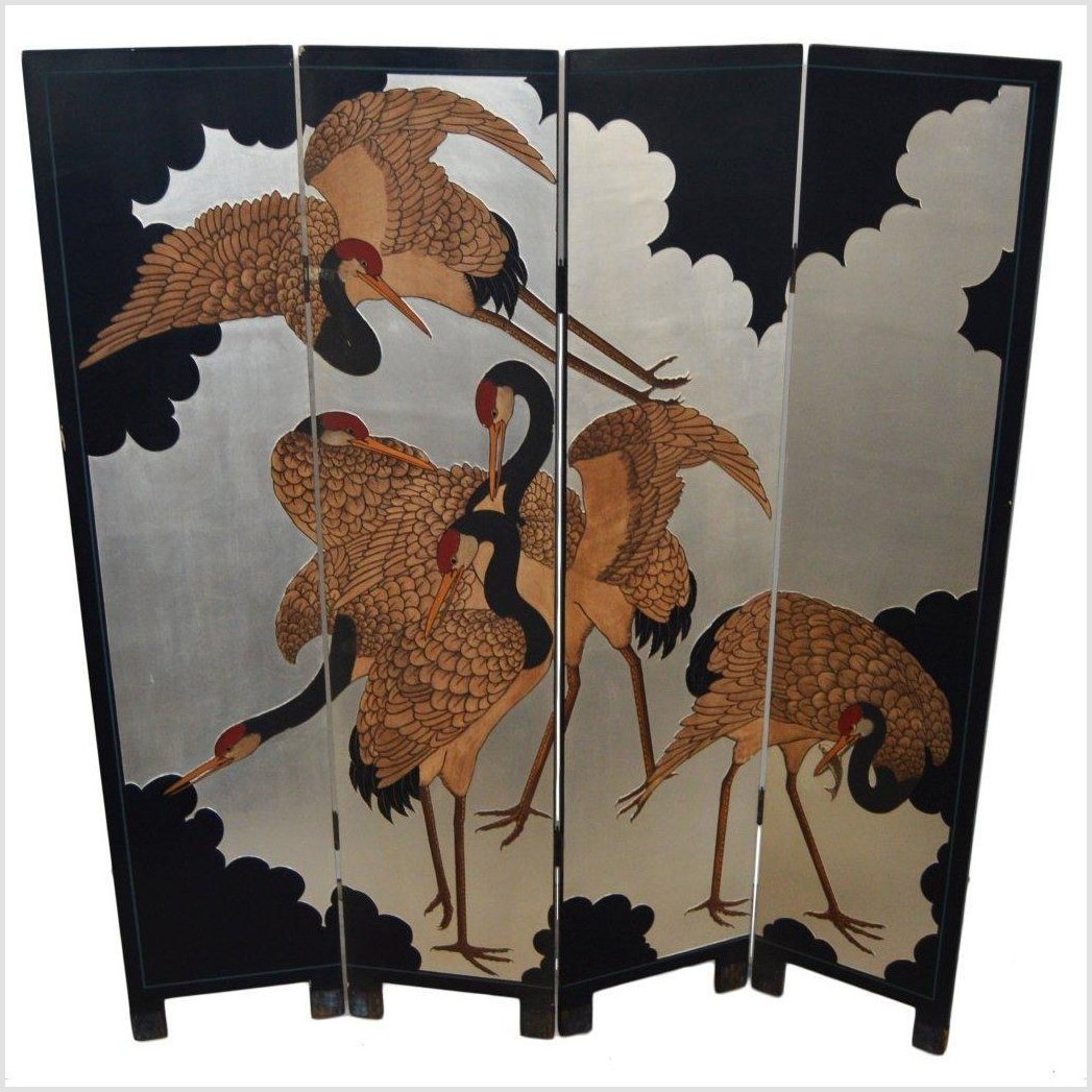 4-Panel Screen Depicting Flock of Cranes-1. Asian & Chinese Furniture, Art, Antiques, Vintage Home Décor for sale at FEA Home