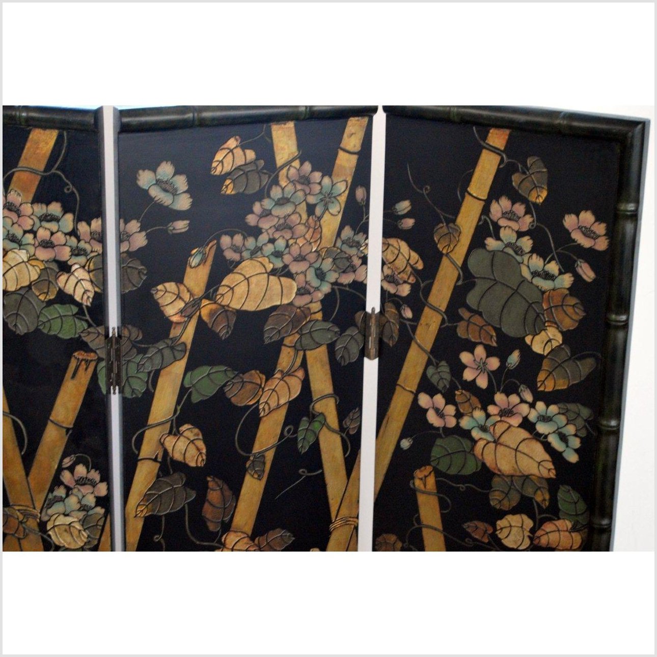 4-Panel Black Screen with Bamboo Frame and Designed with Bamboo and Flowers-2. Asian & Chinese Furniture, Art, Antiques, Vintage Home Décor for sale at FEA Home