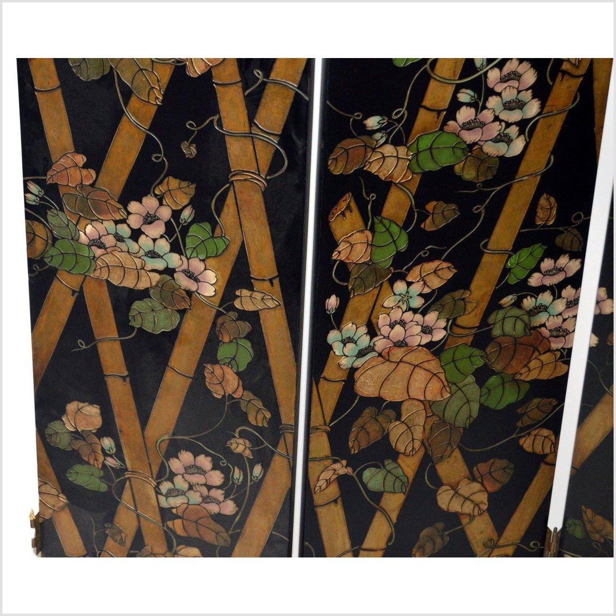 4-Panel Black Screen with Bamboo Frame and Designed with Bamboo and Flowers-4. Asian &amp; Chinese Furniture, Art, Antiques, Vintage Home Décor for sale at FEA Home