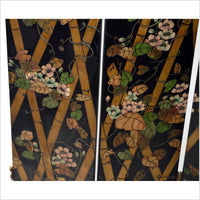 4-Panel Black Screen with Bamboo Frame and Designed with Bamboo and Flowers