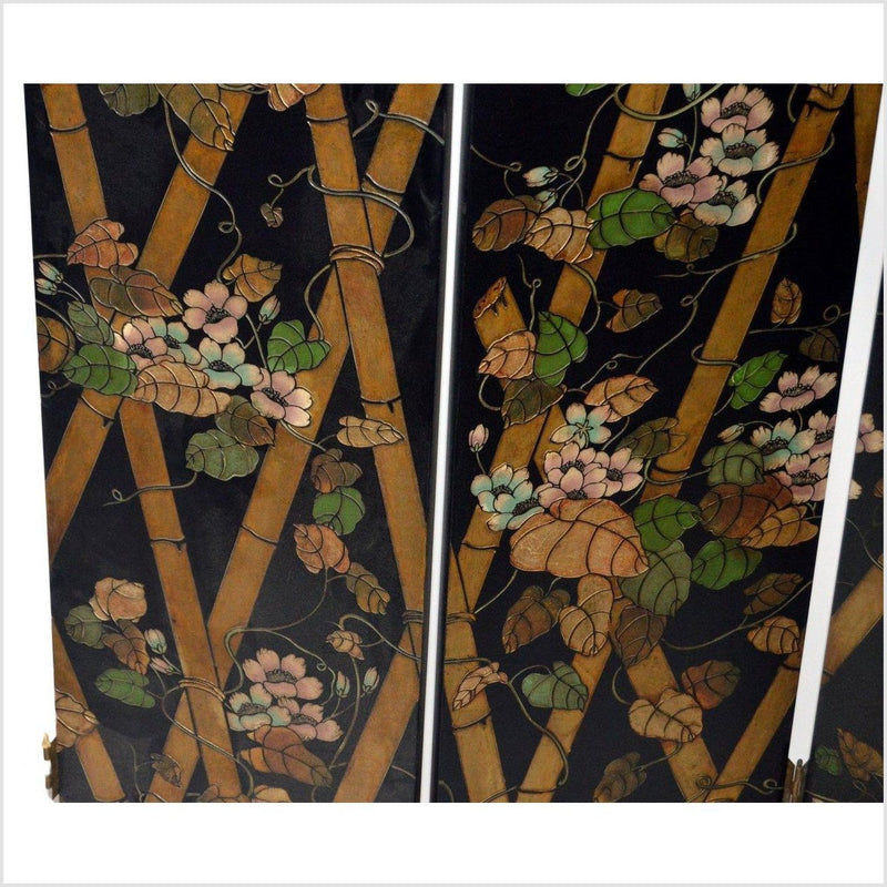 4-Panel Black Screen with Bamboo Frame and Designed with Bamboo and Flowers-YN2887-4. Asian & Chinese Furniture, Art, Antiques, Vintage Home Décor for sale at FEA Home