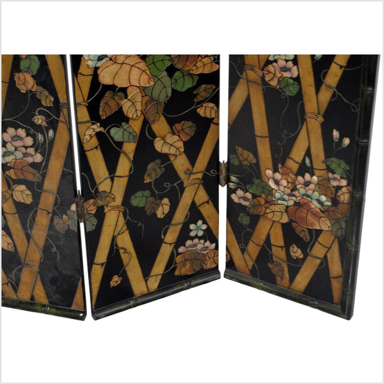 4-Panel Black Screen with Bamboo Frame and Designed with Bamboo and Flowers-5. Asian &amp; Chinese Furniture, Art, Antiques, Vintage Home Décor for sale at FEA Home