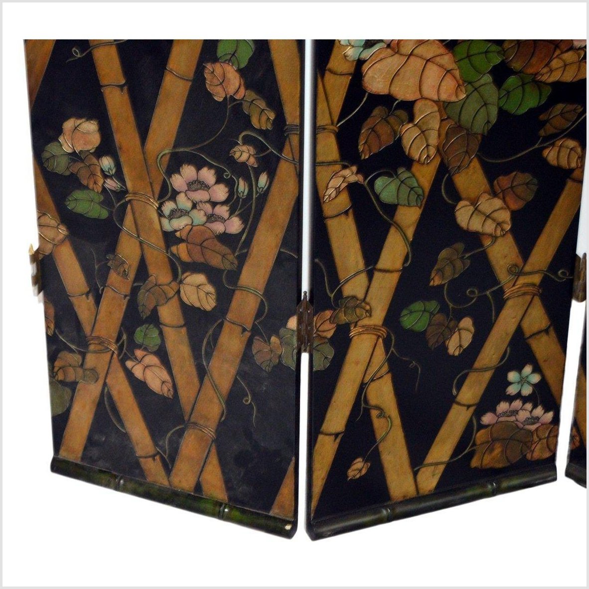 4-Panel Black Screen with Bamboo Frame and Designed with Bamboo and Flowers-6. Asian &amp; Chinese Furniture, Art, Antiques, Vintage Home Décor for sale at FEA Home