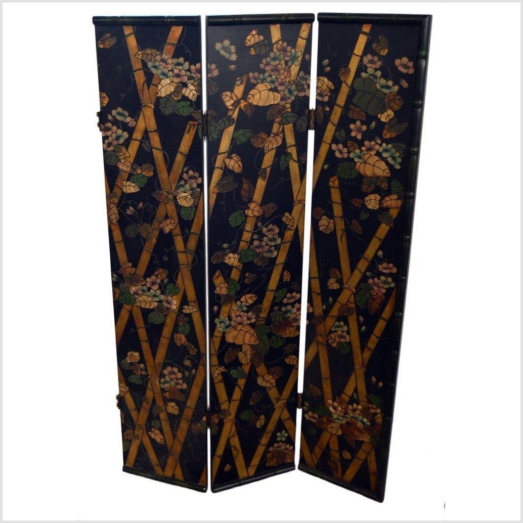 4-Panel Black Screen with Bamboo Frame and Designed with Bamboo and Flowers-1. Asian & Chinese Furniture, Art, Antiques, Vintage Home Décor for sale at FEA Home