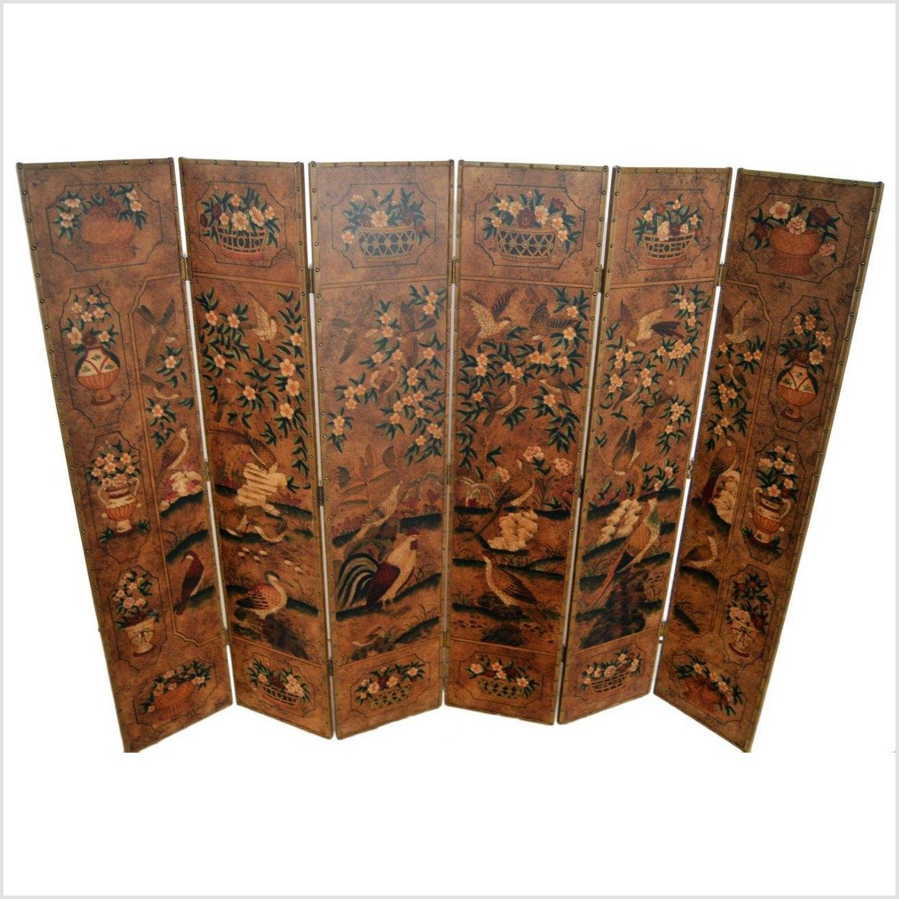 6-Panel Screen with Flowers, Birds and Roosters-1. Asian & Chinese Furniture, Art, Antiques, Vintage Home Décor for sale at FEA Home