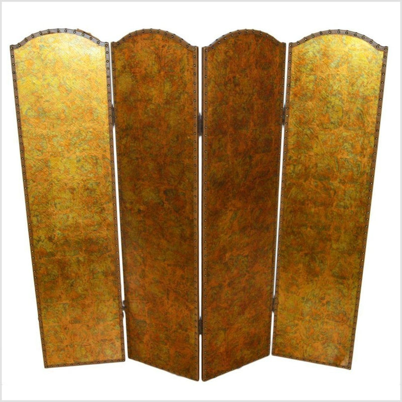 4-Panel Scalloped Style Screen with Distressed Gold Tone and Rivets- Asian Antiques, Vintage Home Decor & Chinese Furniture - FEA Home