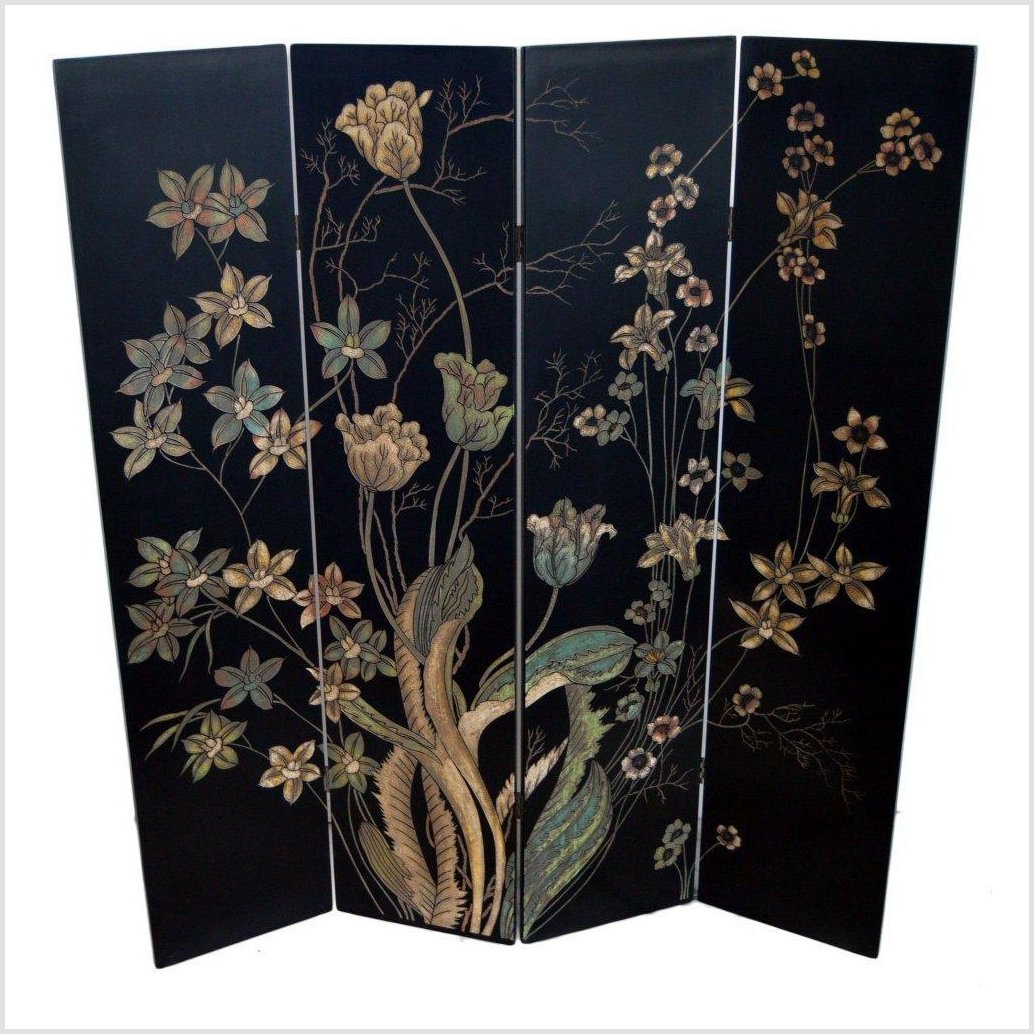 4-Panel Black Screen with Chinoiseries of Flowers- Asian Antiques, Vintage Home Decor & Chinese Furniture - FEA Home