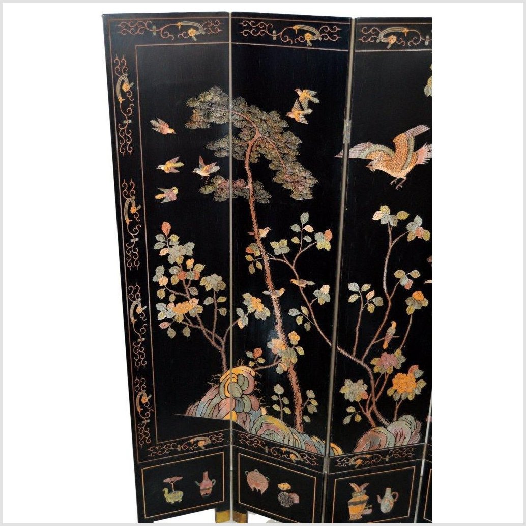 4-Panel Black Screen with Chinoiseries of Flowers, Trees and Birds-3. Asian &amp; Chinese Furniture, Art, Antiques, Vintage Home Décor for sale at FEA Home