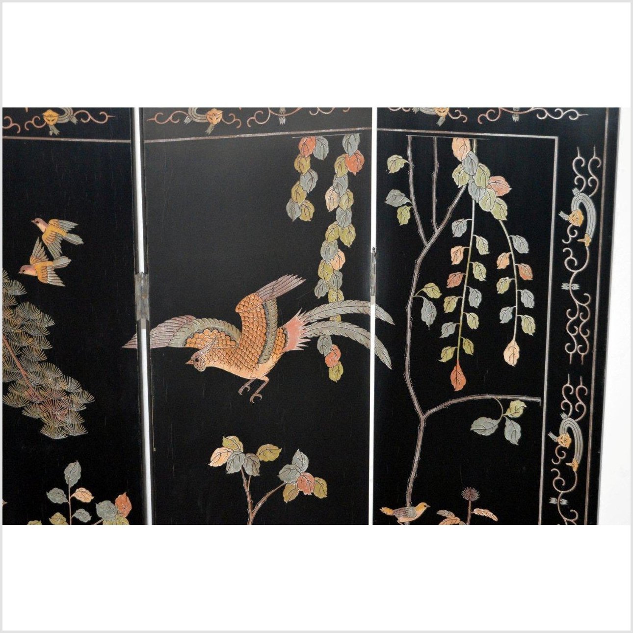 4-Panel Black Screen with Chinoiseries of Flowers, Trees and Birds-4. Asian &amp; Chinese Furniture, Art, Antiques, Vintage Home Décor for sale at FEA Home