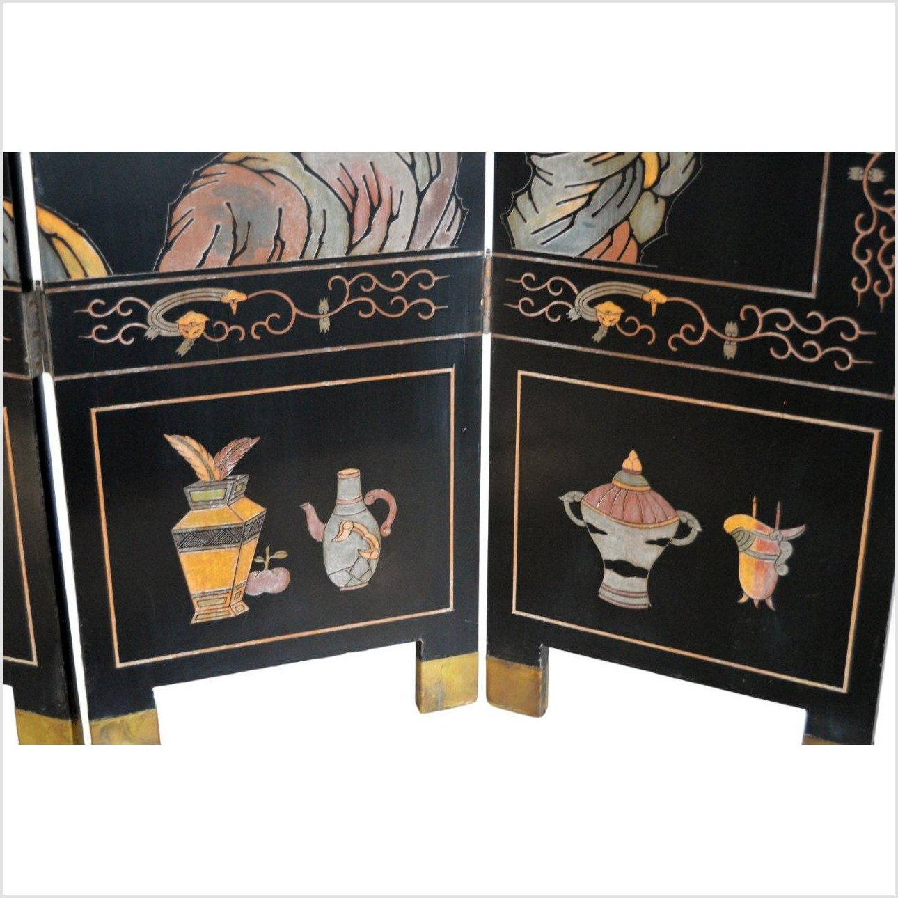 4-Panel Black Screen with Chinoiseries of Flowers, Trees and Birds-7. Asian &amp; Chinese Furniture, Art, Antiques, Vintage Home Décor for sale at FEA Home