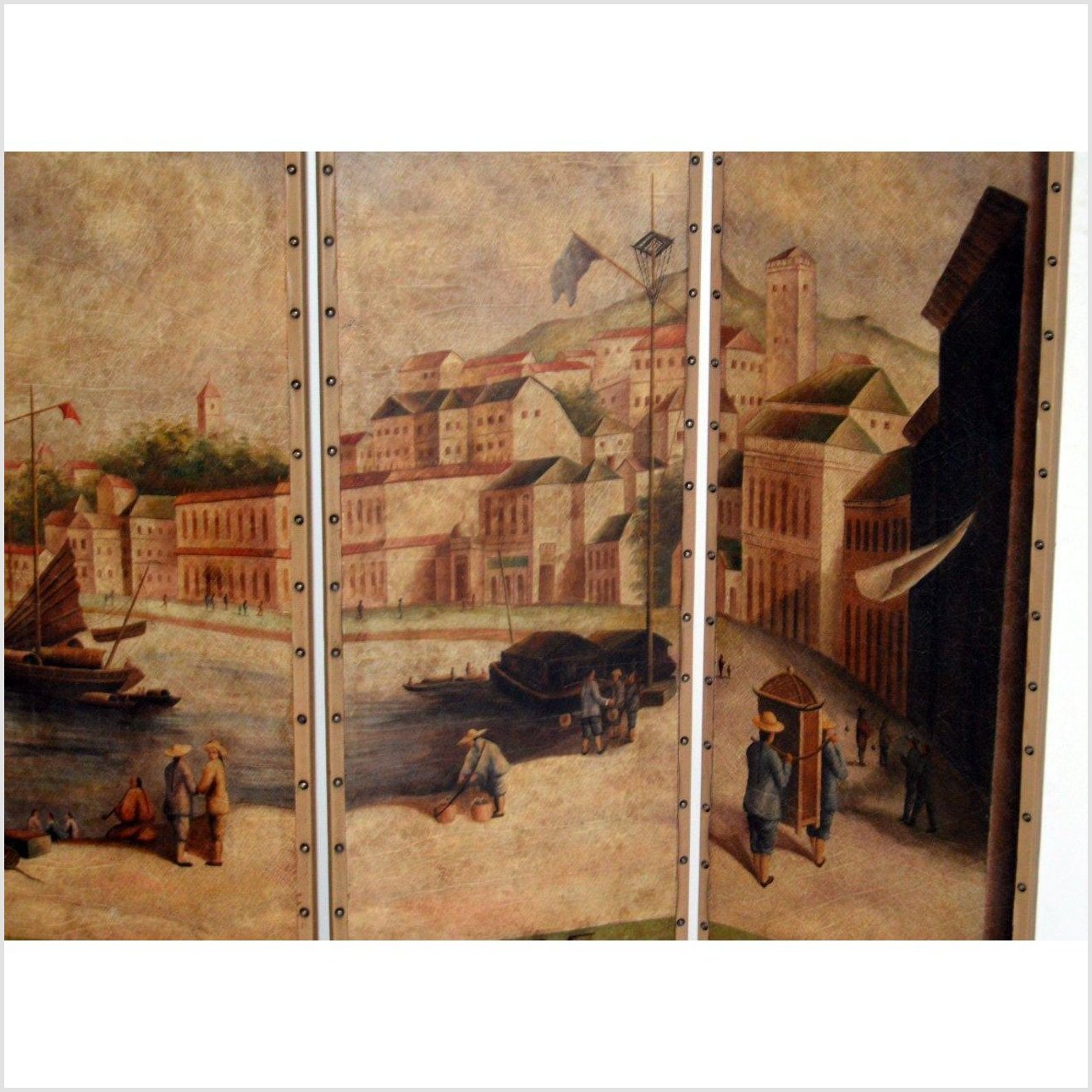 4-Panel Screen Showing Mid-1800s Macau-4. Asian &amp; Chinese Furniture, Art, Antiques, Vintage Home Décor for sale at FEA Home