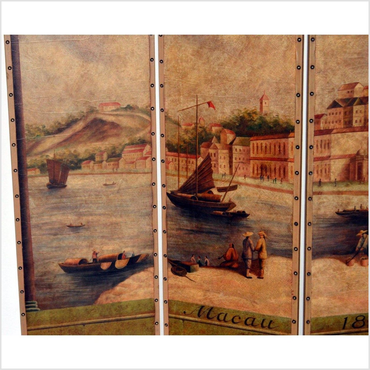 4-Panel Screen Showing Mid-1800s Macau-5. Asian &amp; Chinese Furniture, Art, Antiques, Vintage Home Décor for sale at FEA Home