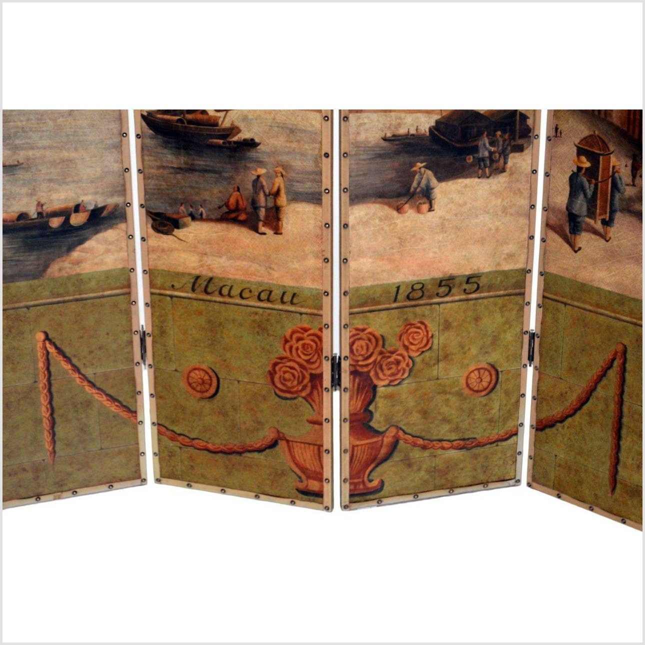 4-Panel Screen Showing Mid-1800s Macau-6. Asian &amp; Chinese Furniture, Art, Antiques, Vintage Home Décor for sale at FEA Home