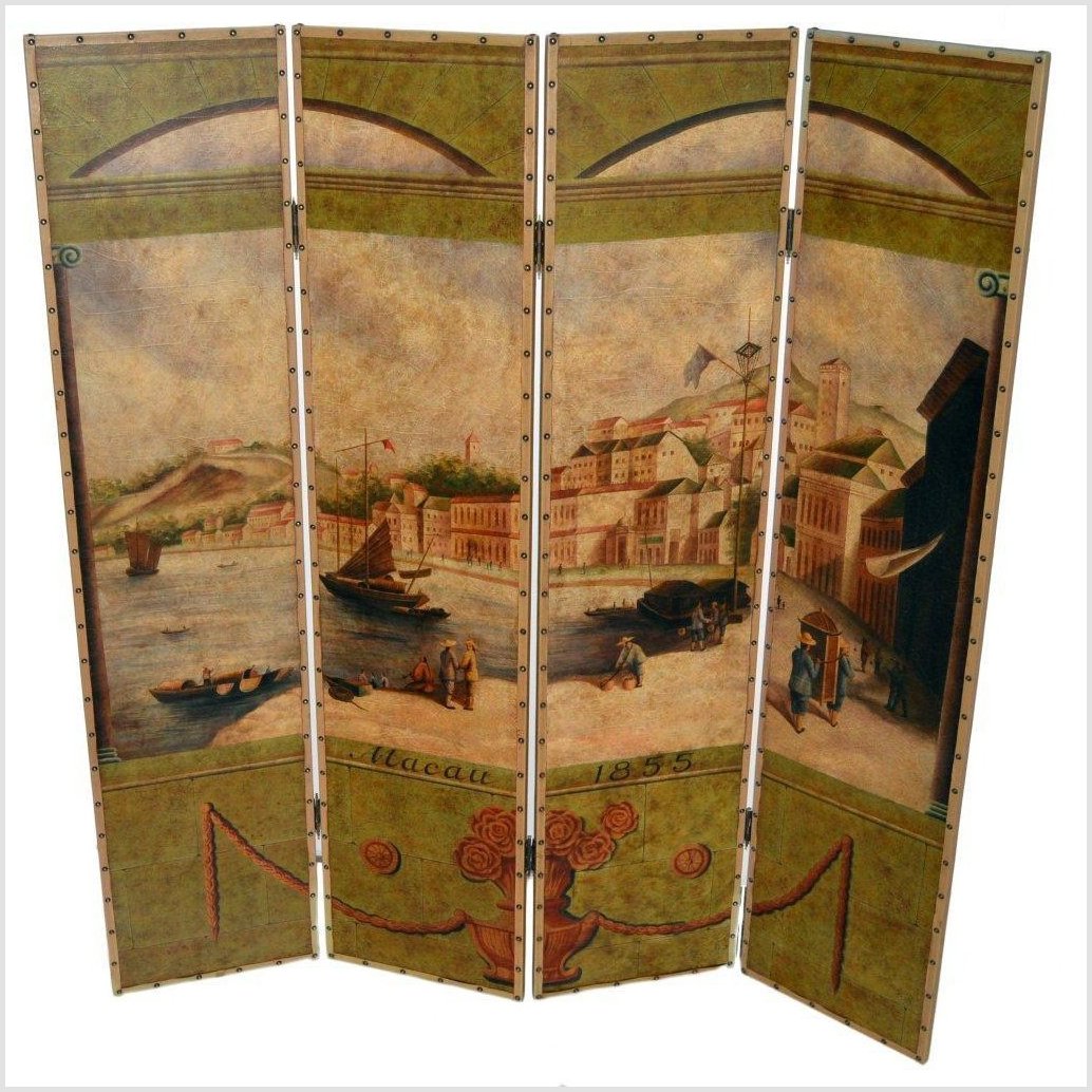 4-Panel Screen Showing Mid-1800s Macau-1. Asian & Chinese Furniture, Art, Antiques, Vintage Home Décor for sale at FEA Home
