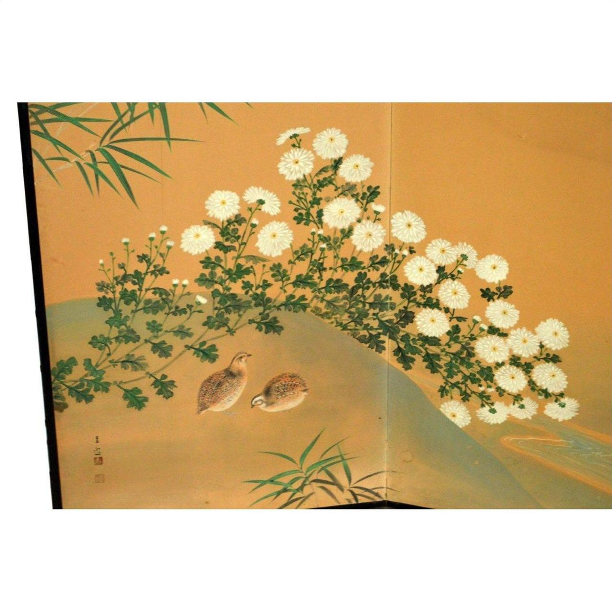 Multi-color painted wood 2-panel screen featuring flowers, birds, and bamboo leaves, used as a decorative room divider.