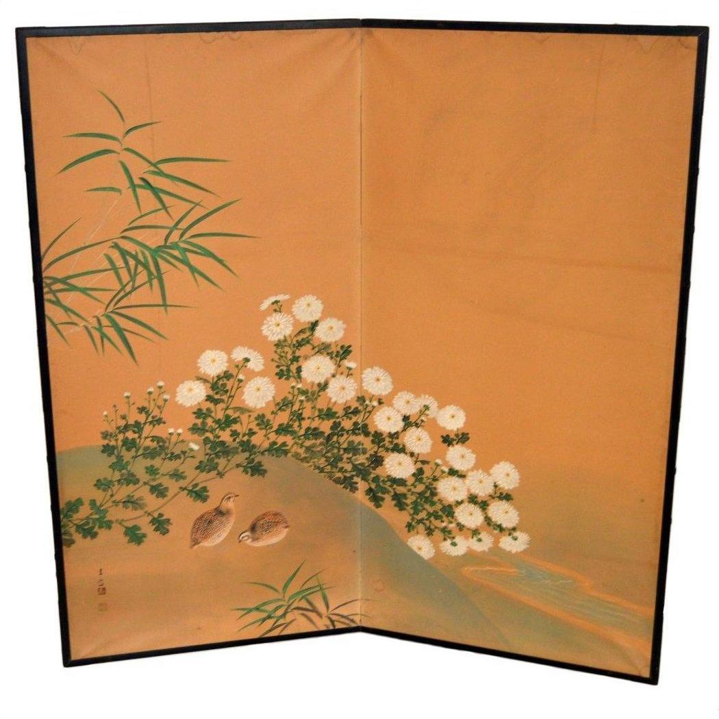 Gold painted 2-panel screen with flowers, birds, bamboo leaves, white chrysanthemums, and quails.