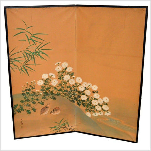 2-Panel Screen Painted with Flowers, Birds and Bamboo Leaves