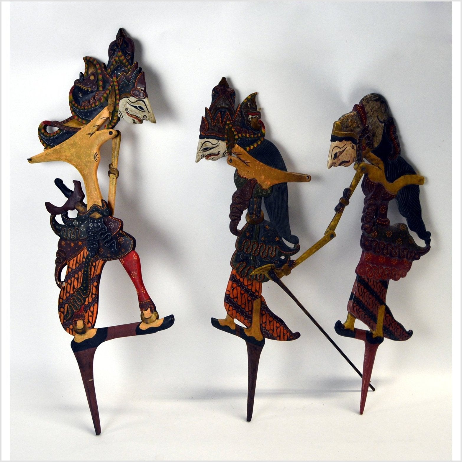 Set of 3 Wooden Wayang Kulit Indonesian Shadow Puppets-1. Asian & Chinese Furniture, Art, Antiques, Vintage Home Décor for sale at FEA Home
