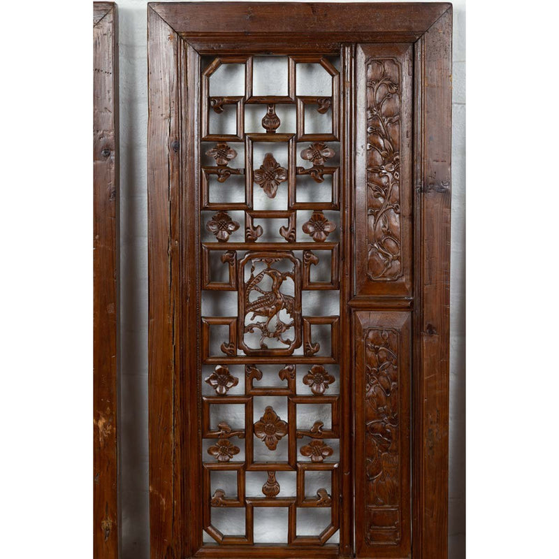 Set of Four Carved Elm Screen Panels with Fretwork, Foliage and Floral Motifs-YN6534-11. Asian & Chinese Furniture, Art, Antiques, Vintage Home Décor for sale at FEA Home