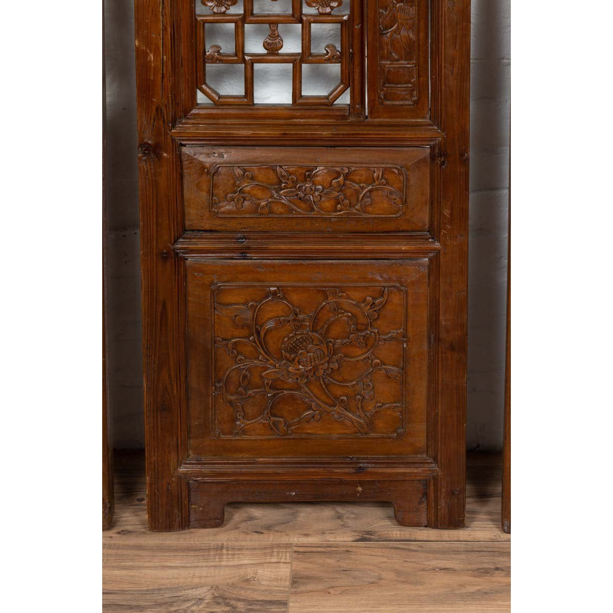 Set of Four Carved Elm Screen Panels with Fretwork, Foliage and Floral Motifs-12. Asian &amp; Chinese Furniture, Art, Antiques, Vintage Home Décor for sale at FEA Home