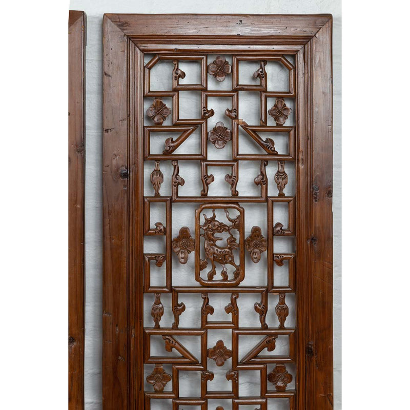 Set of Four Carved Elm Screen Panels with Fretwork, Foliage and Floral Motifs-YN6534-15. Asian & Chinese Furniture, Art, Antiques, Vintage Home Décor for sale at FEA Home