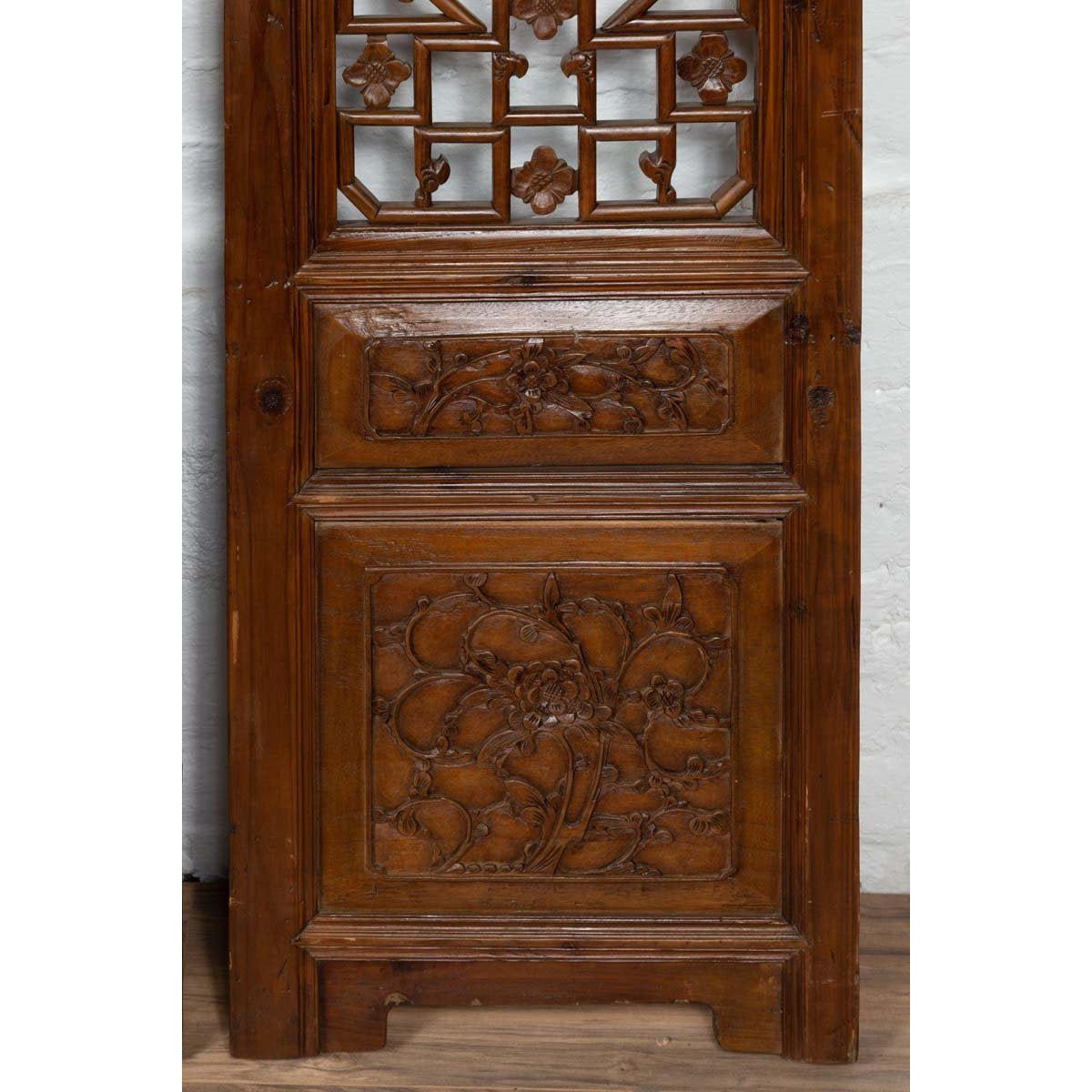 Set of Four Carved Elm Screen Panels with Fretwork, Foliage and Floral Motifs-16. Asian &amp; Chinese Furniture, Art, Antiques, Vintage Home Décor for sale at FEA Home