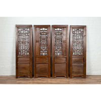 Set of Four Carved Elm Screen Panels with Fretwork, Foliage and Floral Motifs