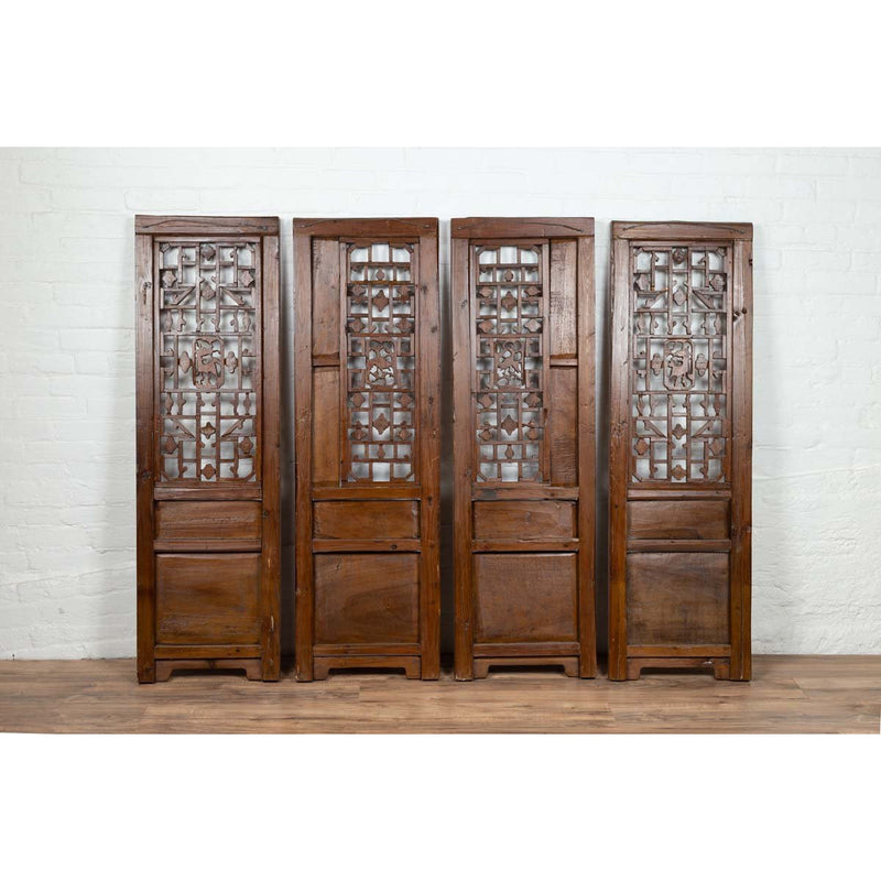 Set of Four Carved Elm Screen Panels with Fretwork, Foliage and Floral Motifs-YN6534-17. Asian & Chinese Furniture, Art, Antiques, Vintage Home Décor for sale at FEA Home